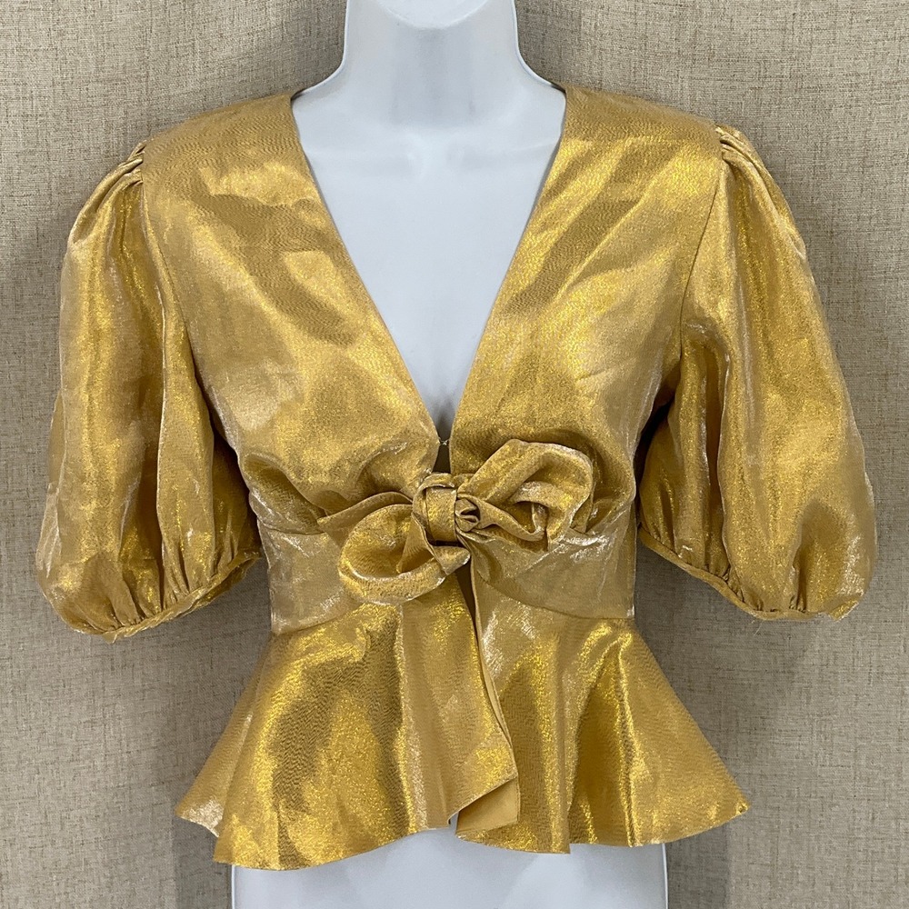 Keepsake Top Women XS Gold Metallic V-Neck Puff Sleeve Bow Peplum Glam Holiday